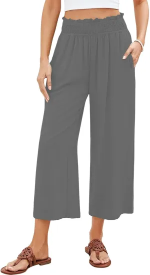 Linen Capris for Women Smocked Elastic Waisted Cropped Palazzo Trousers Casual Flowy Summer Beach Pants with Pockets
