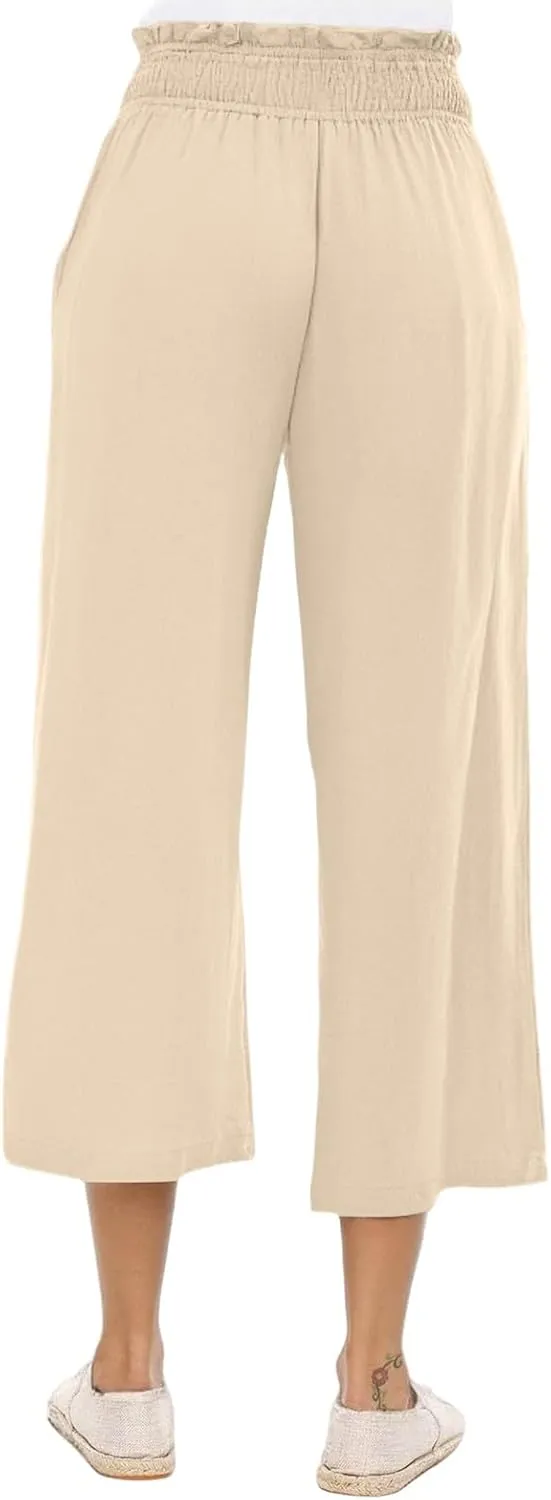 Linen Capris for Women Smocked Elastic Waisted Cropped Palazzo Trousers Casual Flowy Summer Beach Pants with Pockets