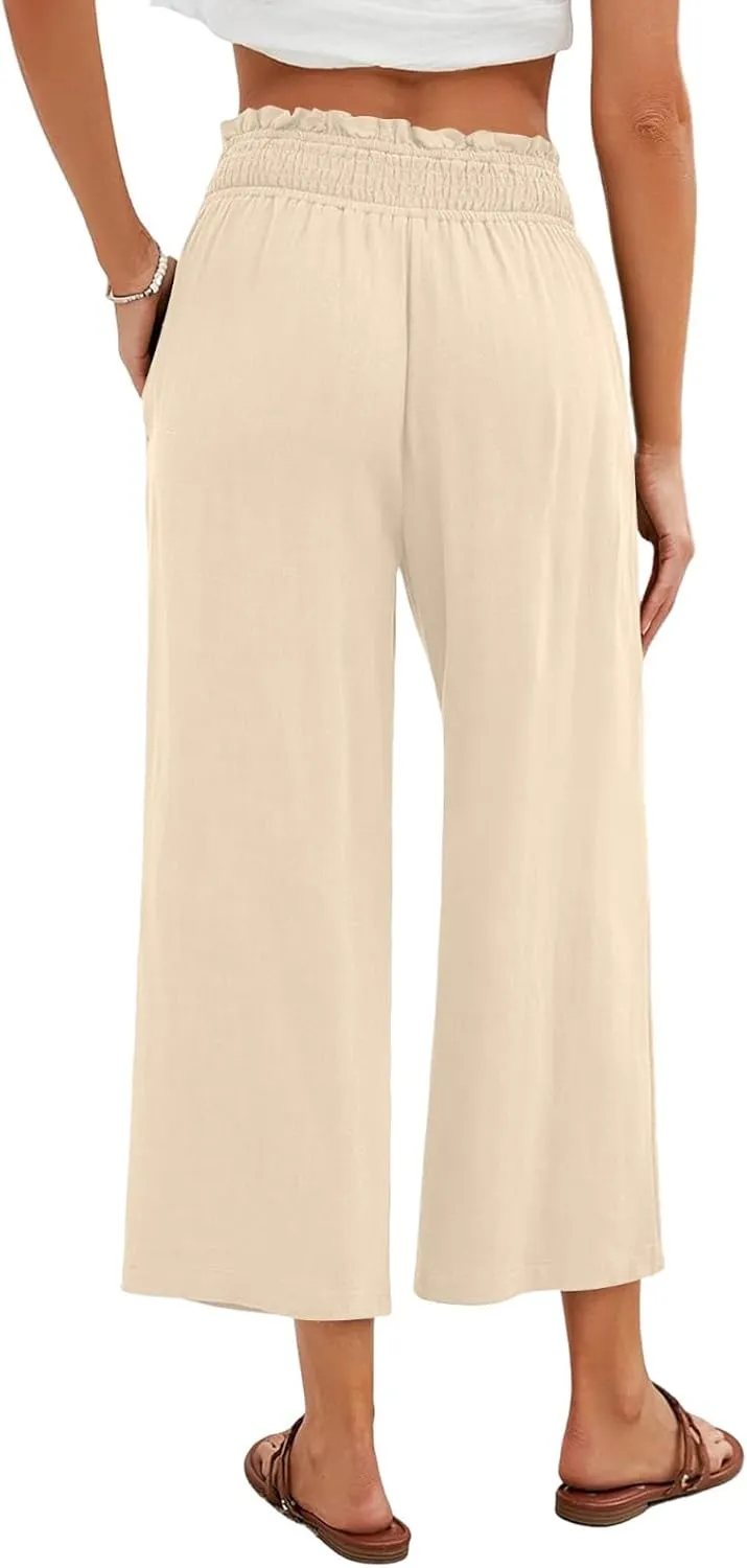 Linen Capris for Women Smocked Elastic Waisted Cropped Palazzo Trousers Casual Flowy Summer Beach Pants with Pockets