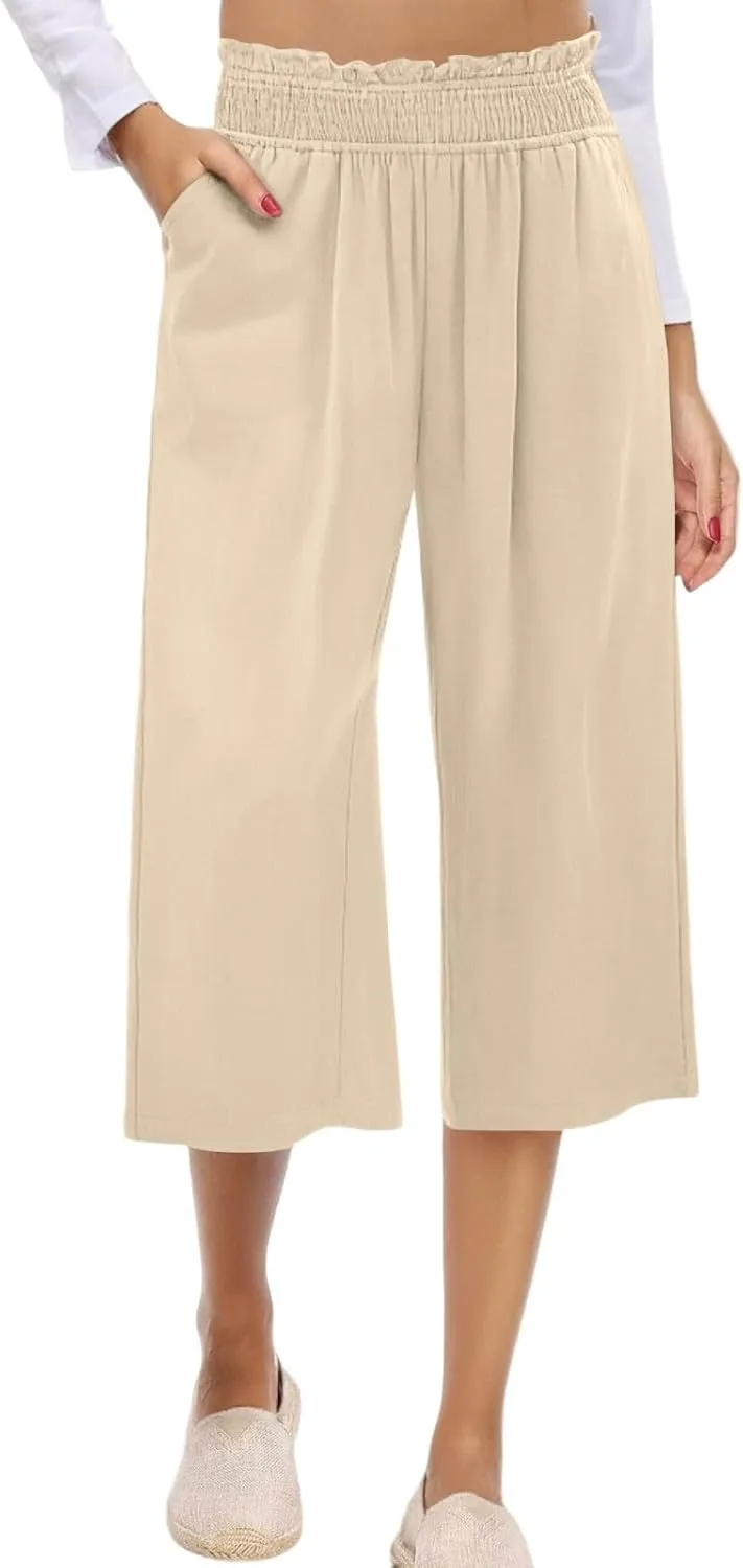 Linen Capris for Women Smocked Elastic Waisted Cropped Palazzo Trousers Casual Flowy Summer Beach Pants with Pockets