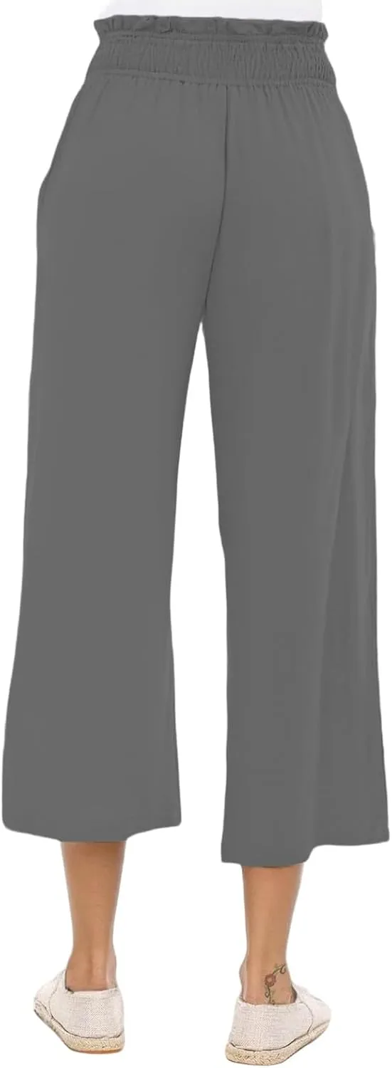 Linen Capris for Women Smocked Elastic Waisted Cropped Palazzo Trousers Casual Flowy Summer Beach Pants with Pockets