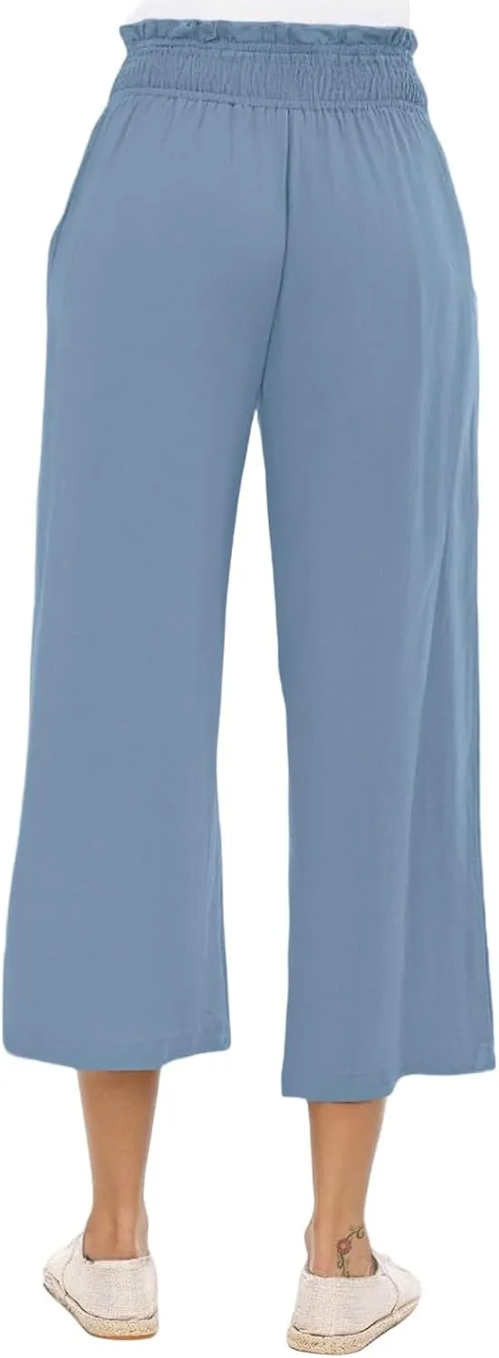 Linen Capris for Women Smocked Elastic Waisted Cropped Palazzo Trousers Casual Flowy Summer Beach Pants with Pockets