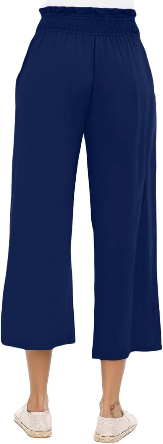 Linen Capris for Women Smocked Elastic Waisted Cropped Palazzo Trousers Casual Flowy Summer Beach Pants with Pockets
