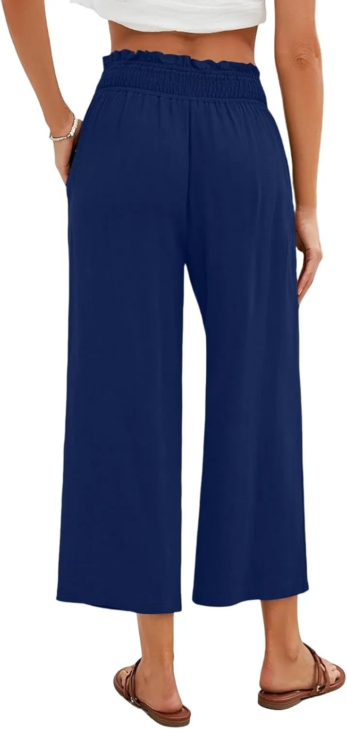 Linen Capris for Women Smocked Elastic Waisted Cropped Palazzo Trousers Casual Flowy Summer Beach Pants with Pockets
