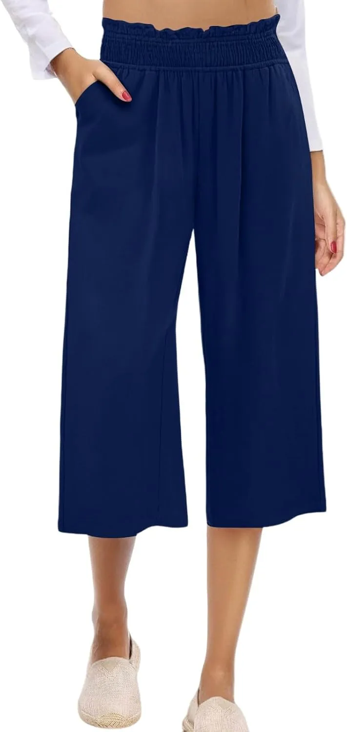 Linen Capris for Women Smocked Elastic Waisted Cropped Palazzo Trousers Casual Flowy Summer Beach Pants with Pockets