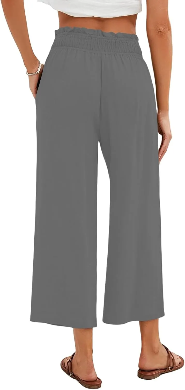 Linen Capris for Women Smocked Elastic Waisted Cropped Palazzo Trousers Casual Flowy Summer Beach Pants with Pockets