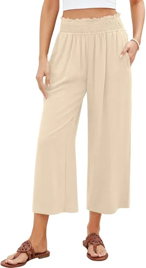 Linen Capris for Women Smocked Elastic Waisted Cropped Palazzo Trousers Casual Flowy Summer Beach Pants with Pockets