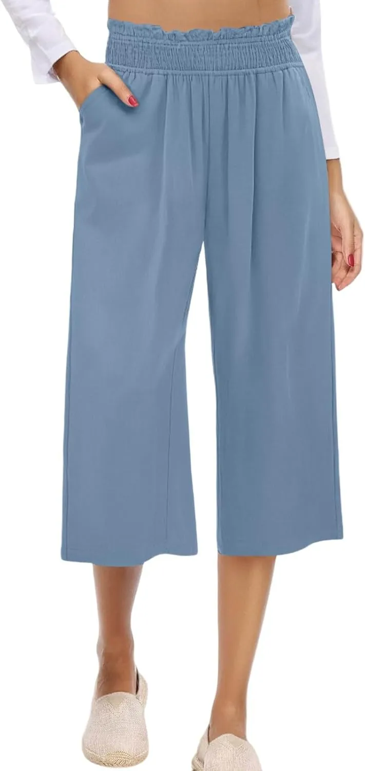 Linen Capris for Women Smocked Elastic Waisted Cropped Palazzo Trousers Casual Flowy Summer Beach Pants with Pockets