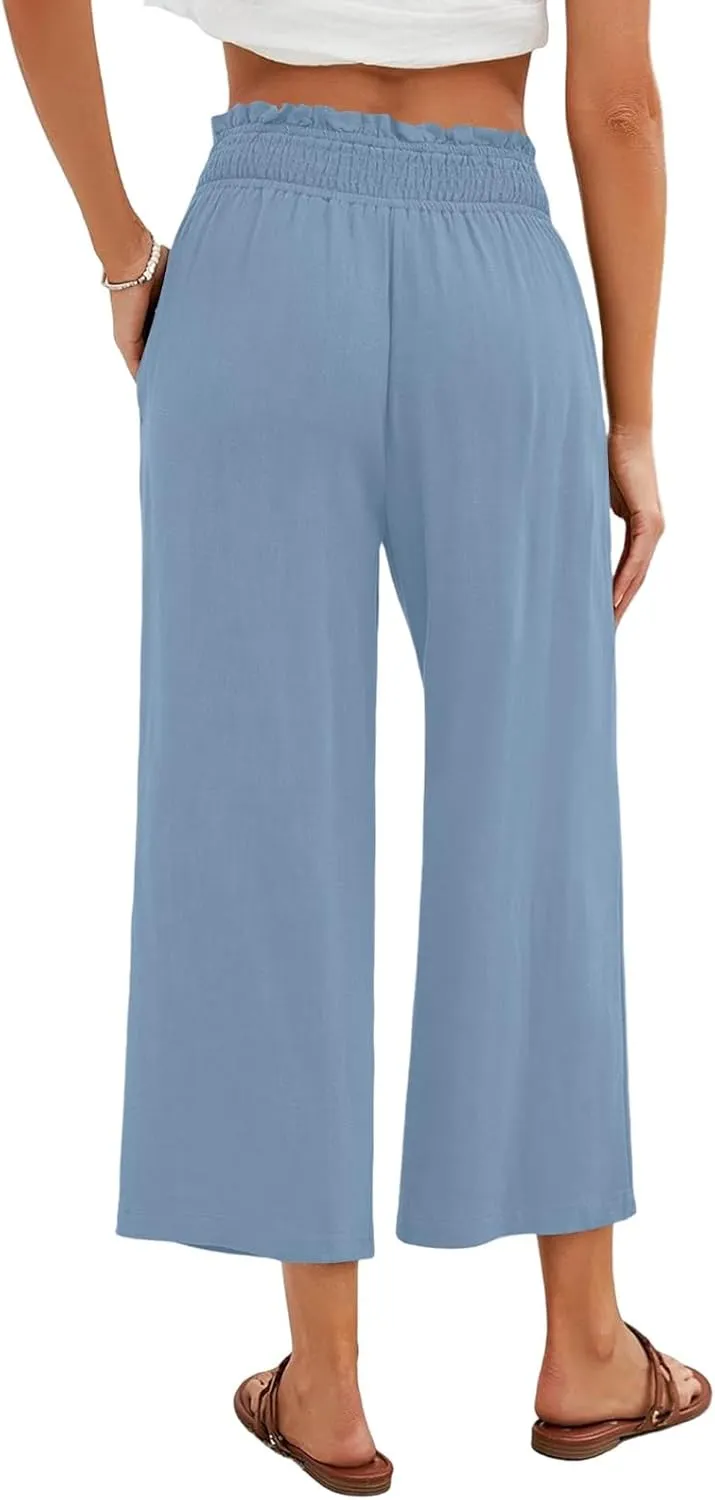Linen Capris for Women Smocked Elastic Waisted Cropped Palazzo Trousers Casual Flowy Summer Beach Pants with Pockets