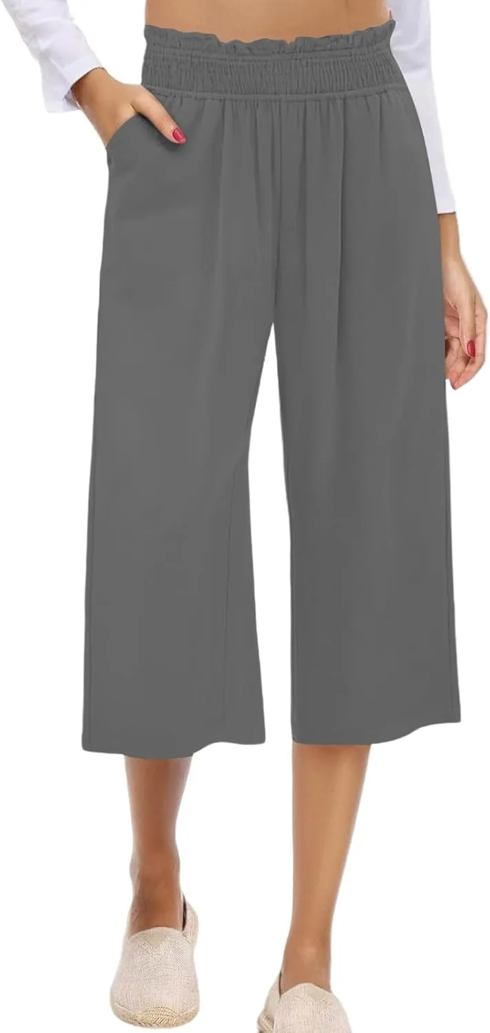 Linen Capris for Women Smocked Elastic Waisted Cropped Palazzo Trousers Casual Flowy Summer Beach Pants with Pockets