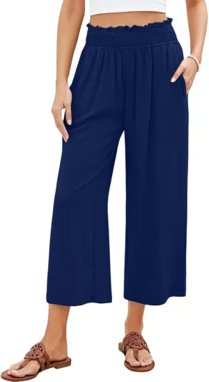 Linen Capris for Women Smocked Elastic Waisted Cropped Palazzo Trousers Casual Flowy Summer Beach Pants with Pockets