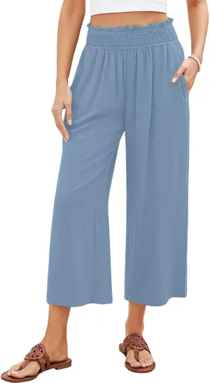 Linen Capris for Women Smocked Elastic Waisted Cropped Palazzo Trousers Casual Flowy Summer Beach Pants with Pockets