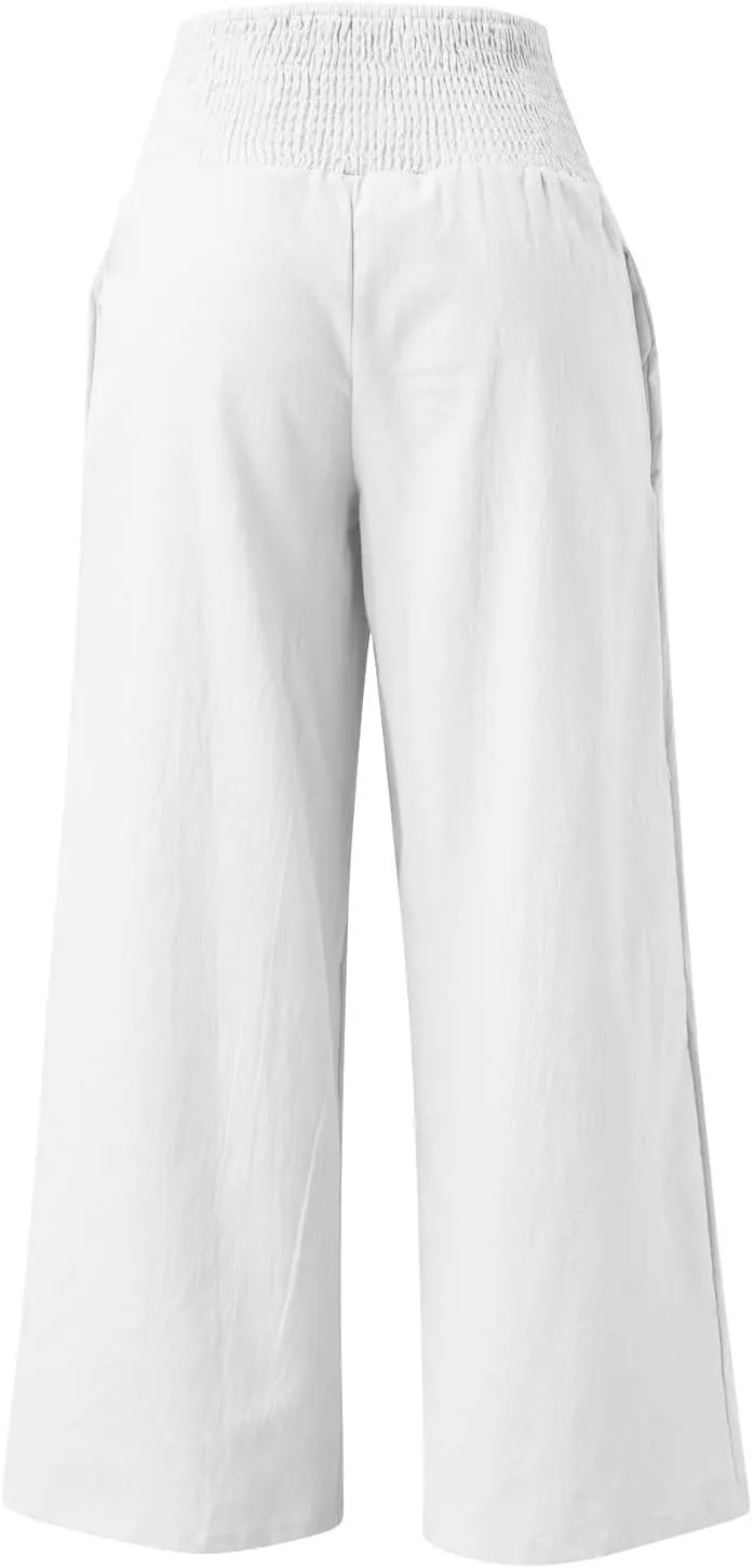 Linen Cotton Wide Leg Pants Women Casual Baggy 2024 Summer Palazzo Trousers Elastic High Waist Solid Straight Wide Leg Pants