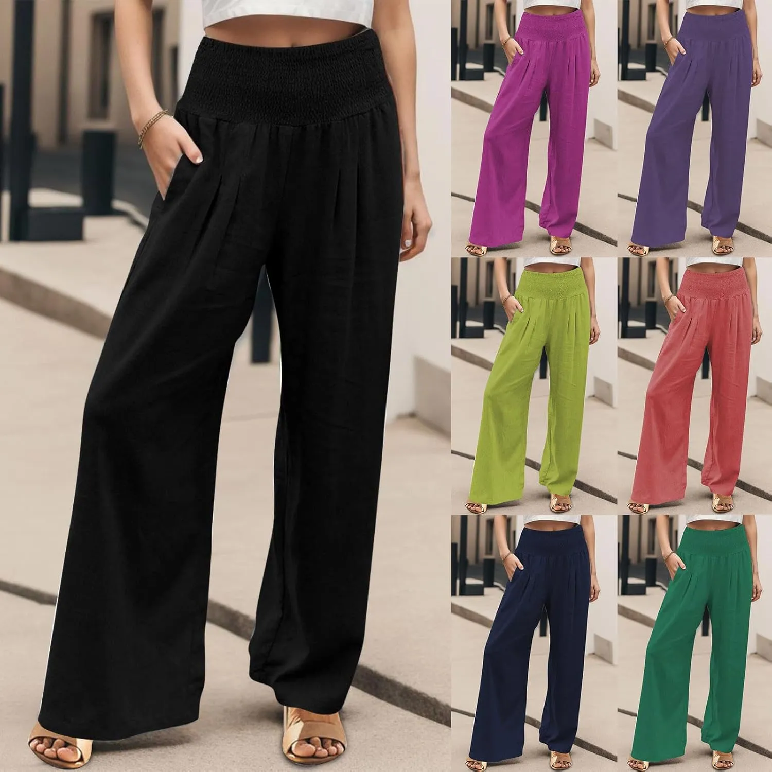 Linen Cotton Wide Leg Pants Women Casual Baggy 2024 Summer Palazzo Trousers Elastic High Waist Solid Straight Wide Leg Pants