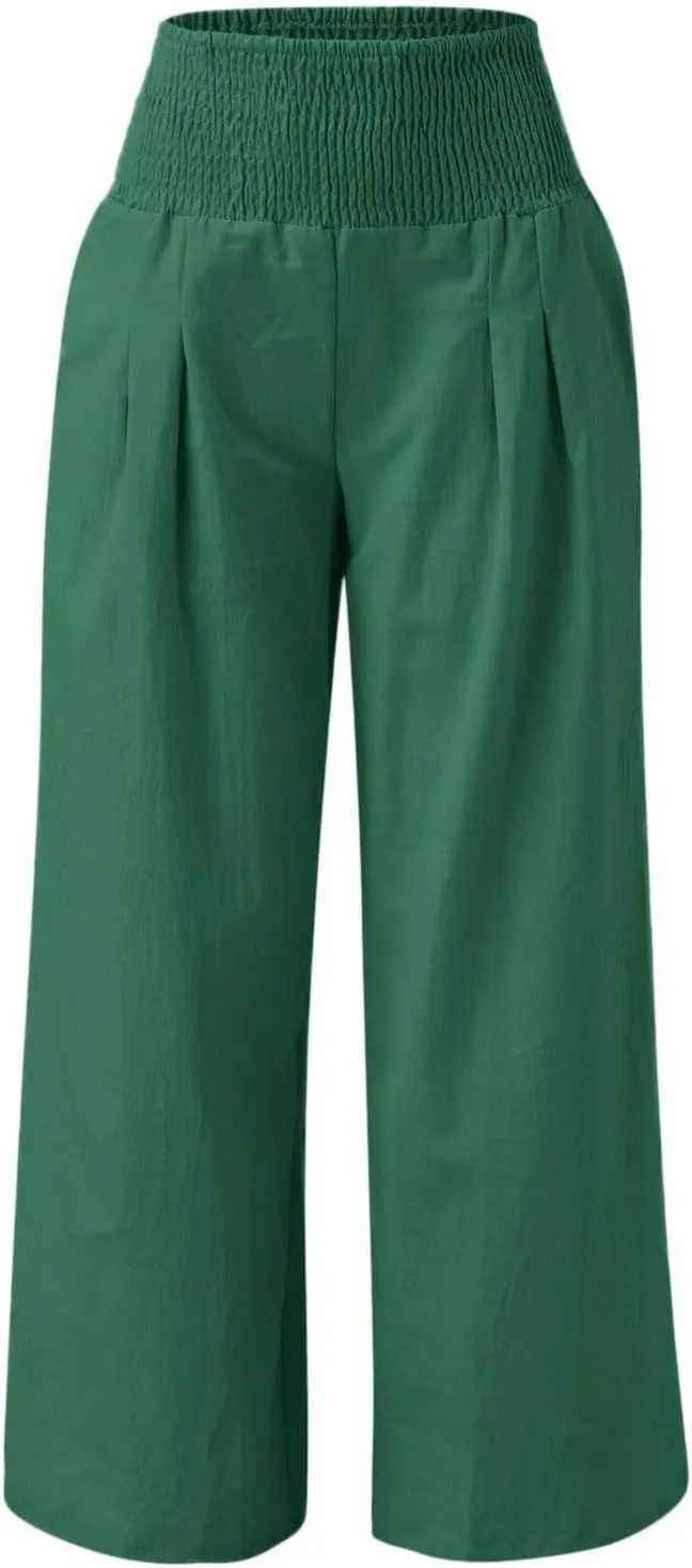 Linen Cotton Wide Leg Pants Women Casual Baggy 2024 Summer Palazzo Trousers Elastic High Waist Solid Straight Wide Leg Pants