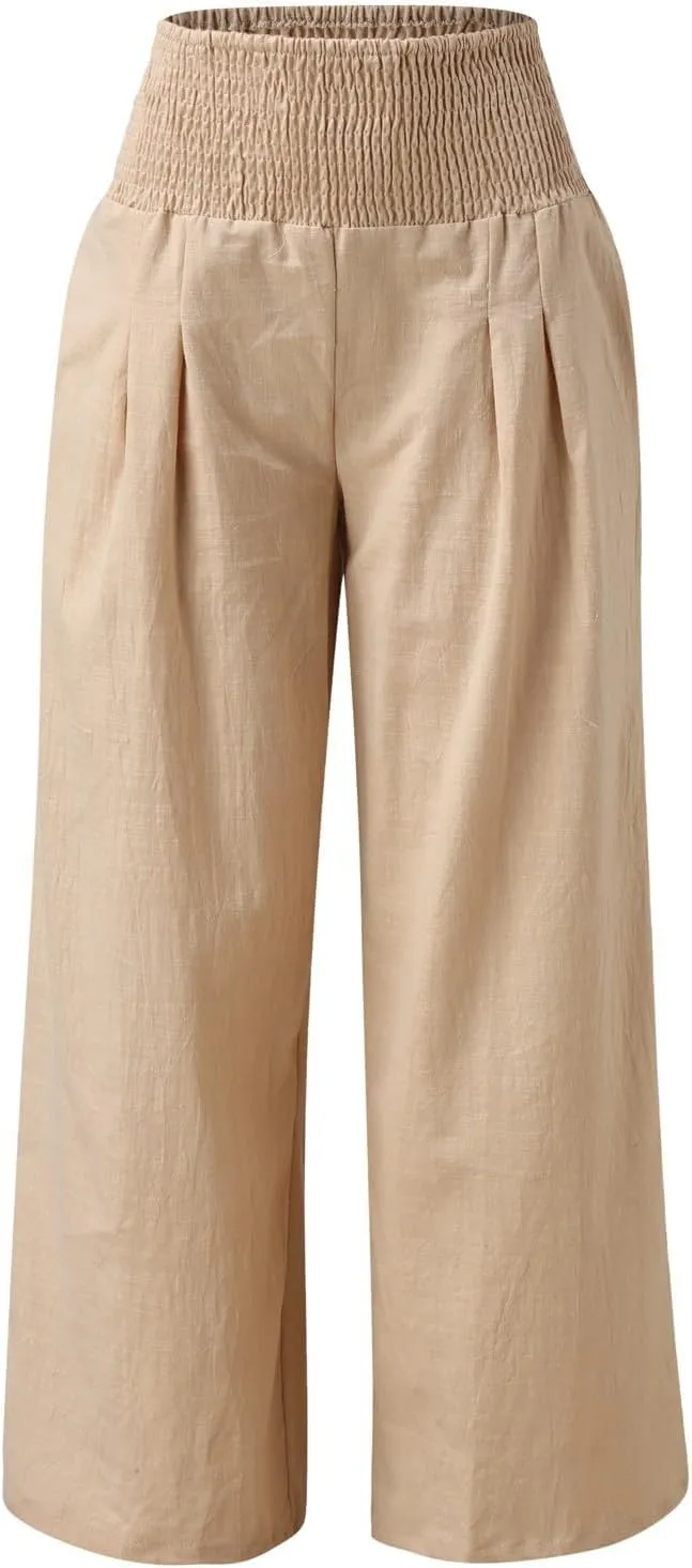 Linen Cotton Wide Leg Pants Women Casual Baggy 2024 Summer Palazzo Trousers Elastic High Waist Solid Straight Wide Leg Pants