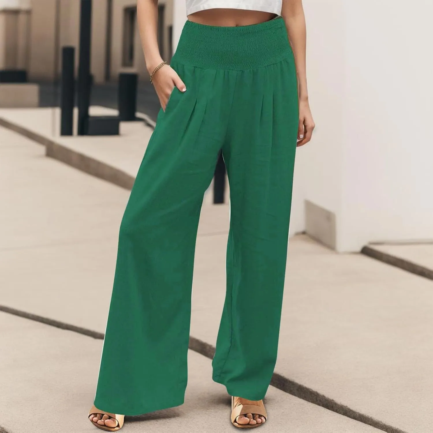 Linen Cotton Wide Leg Pants Women Casual Baggy 2024 Summer Palazzo Trousers Elastic High Waist Solid Straight Wide Leg Pants