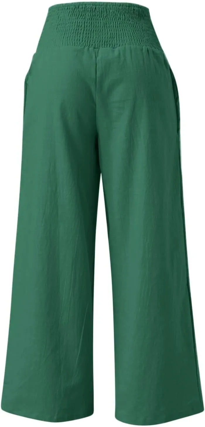 Linen Cotton Wide Leg Pants Women Casual Baggy 2024 Summer Palazzo Trousers Elastic High Waist Solid Straight Wide Leg Pants