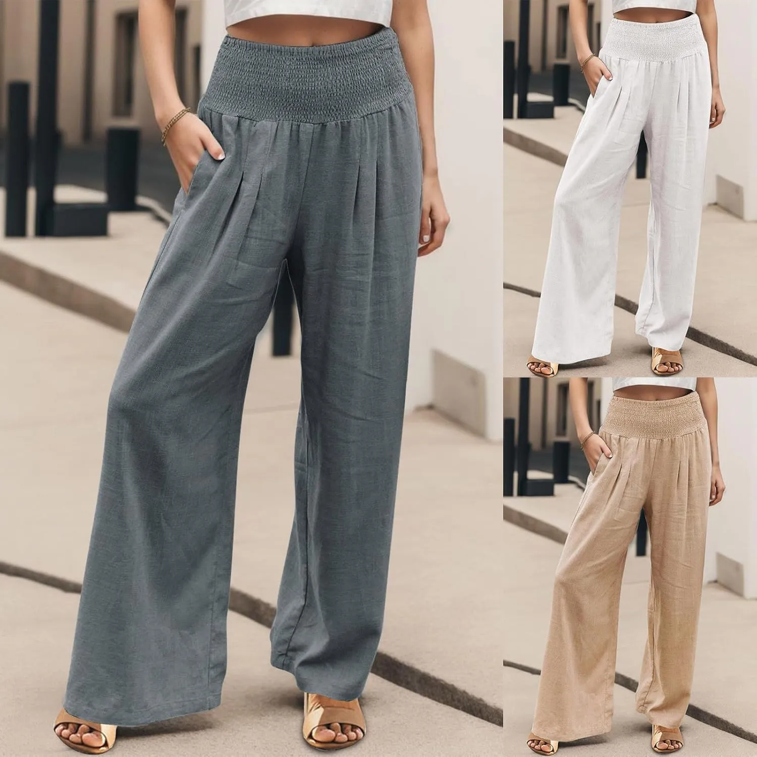 Linen Cotton Wide Leg Pants Women Casual Baggy 2024 Summer Palazzo Trousers Elastic High Waist Solid Straight Wide Leg Pants