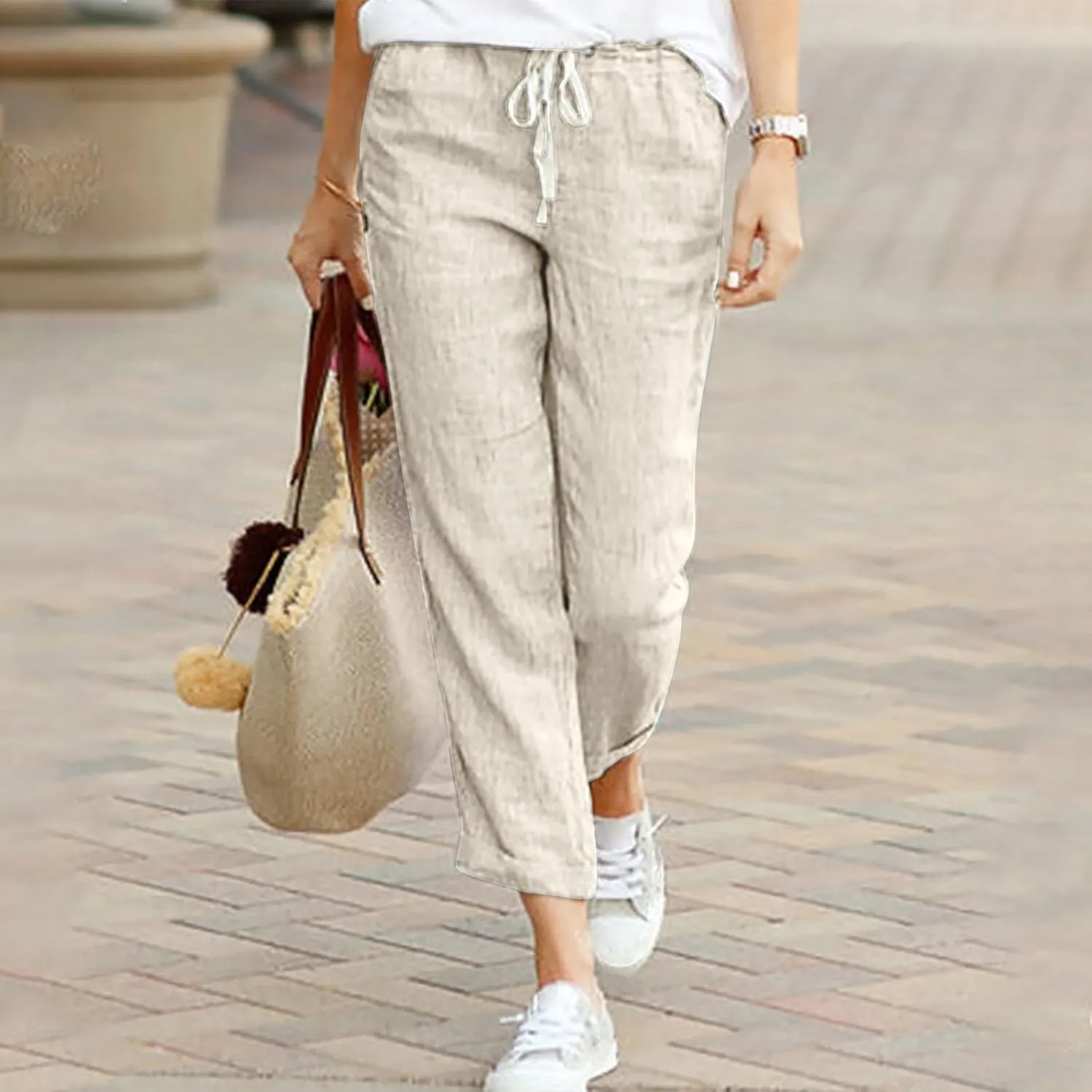 Linen Pants for Women Summer Casual Elastic Drawstring Waist Trousers Trendy Straight Leg Lounge Pants with Pocket