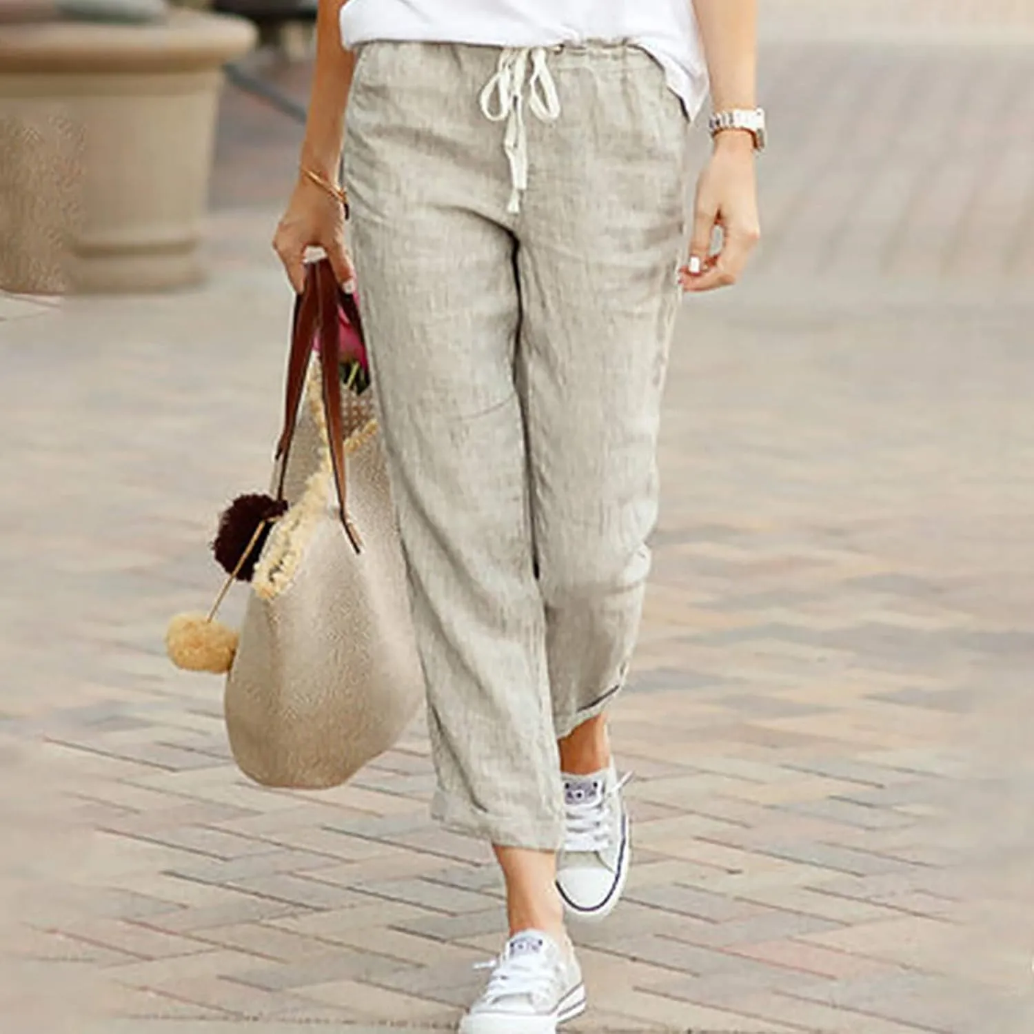 Linen Pants for Women Summer Casual Elastic Drawstring Waist Trousers Trendy Straight Leg Lounge Pants with Pocket