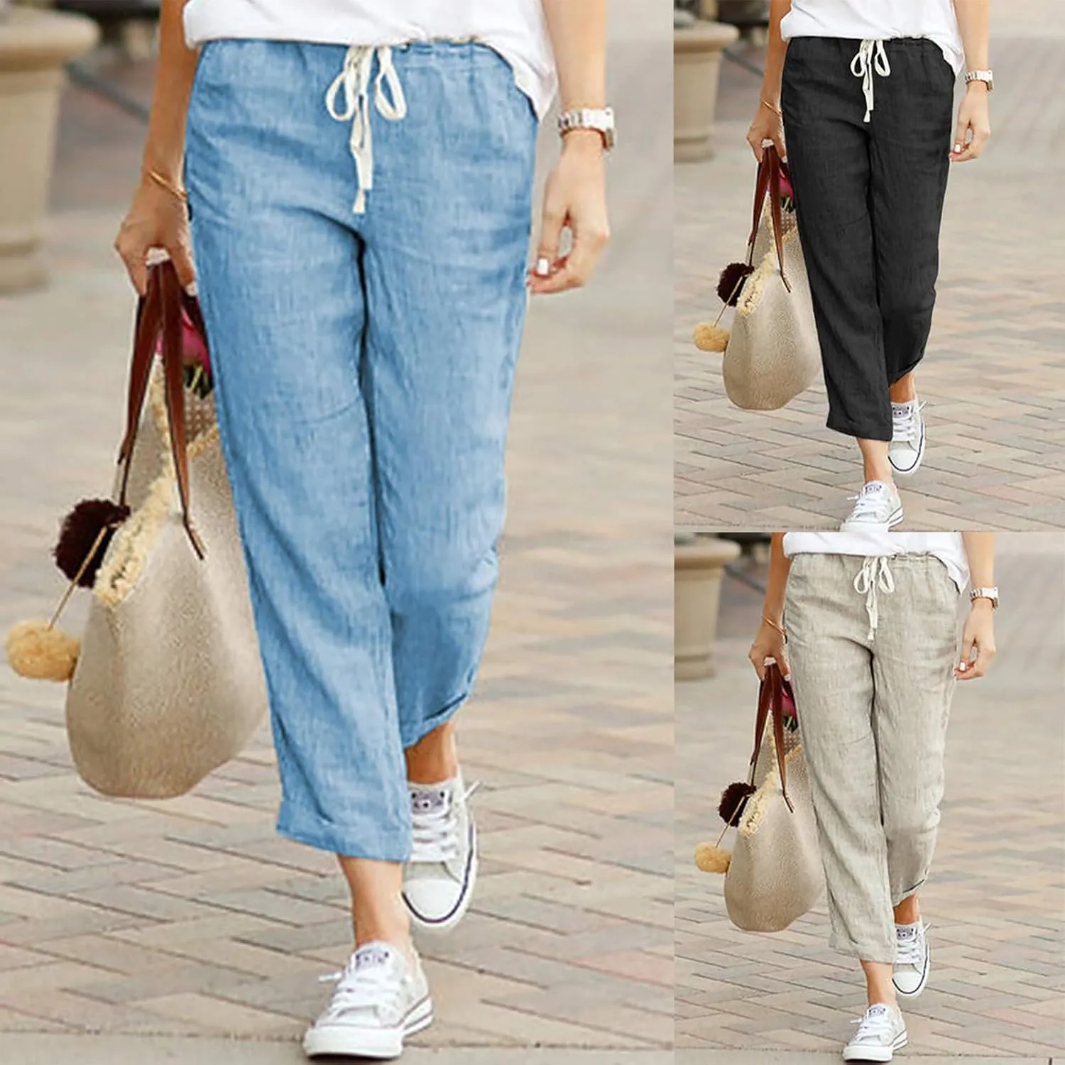 Linen Pants for Women Summer Casual Elastic Drawstring Waist Trousers Trendy Straight Leg Lounge Pants with Pocket