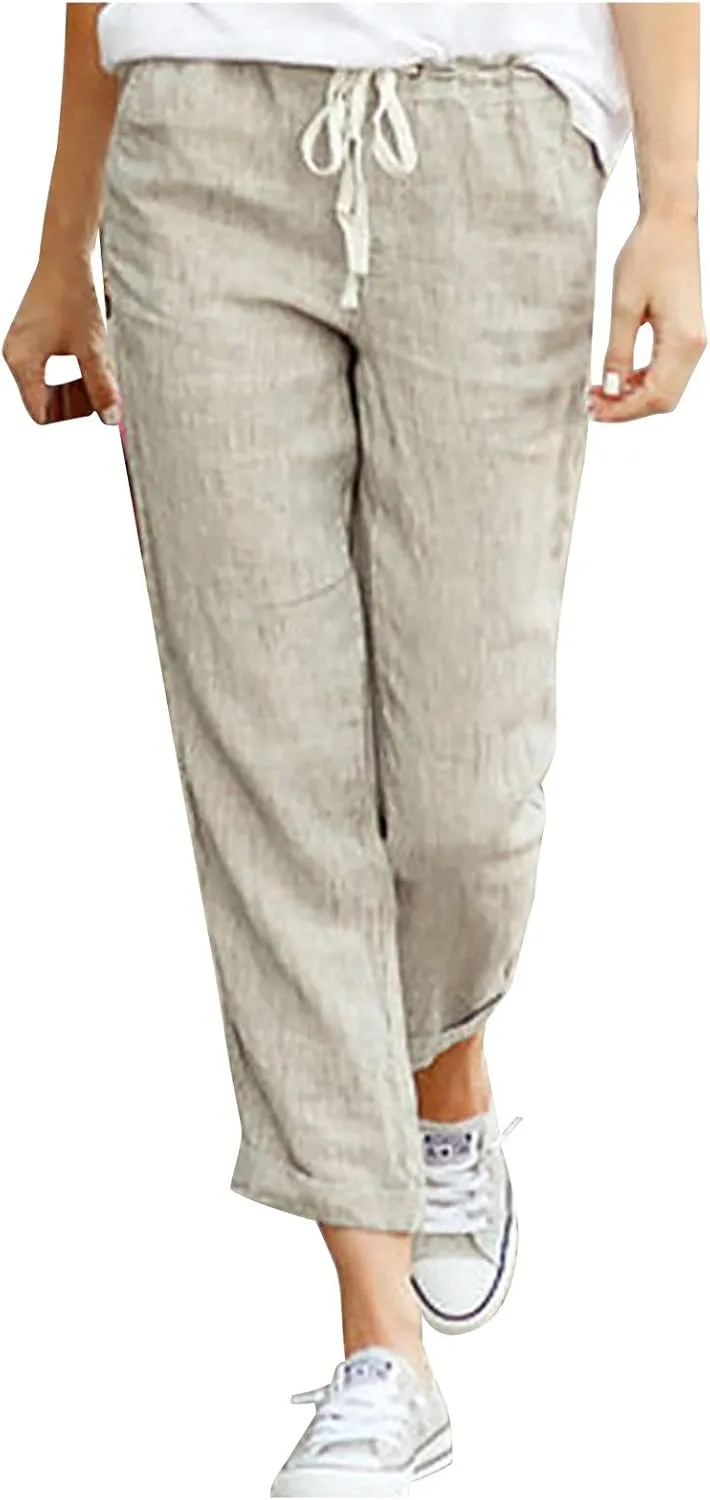Linen Pants for Women Summer Casual Elastic Drawstring Waist Trousers Trendy Straight Leg Lounge Pants with Pocket