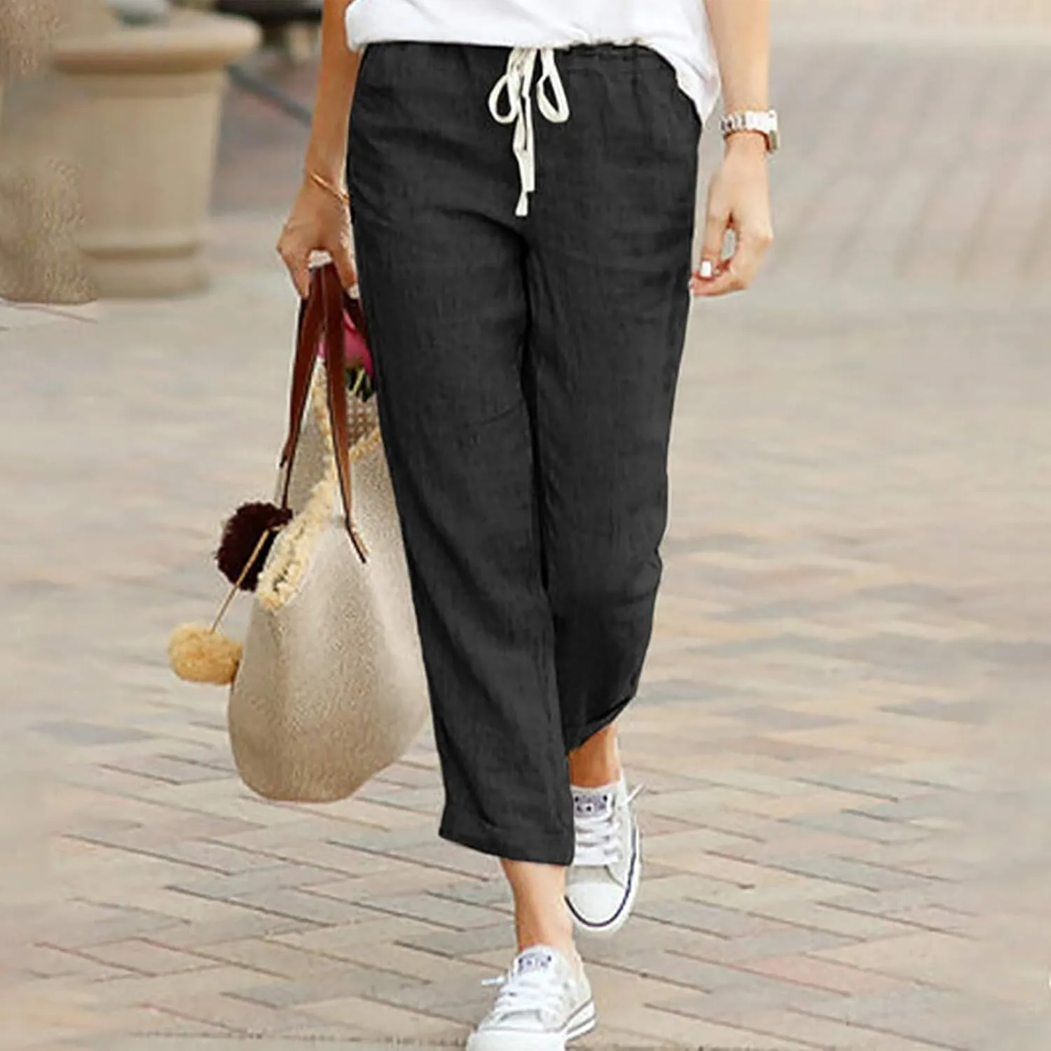 Linen Pants for Women Summer Casual Elastic Drawstring Waist Trousers Trendy Straight Leg Lounge Pants with Pocket