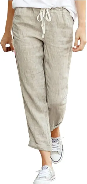 Linen Pants for Women Summer Casual Elastic Drawstring Waist Trousers Trendy Straight Leg Lounge Pants with Pocket