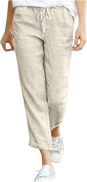 Linen Pants for Women Summer Casual Elastic Drawstring Waist Trousers Trendy Straight Leg Lounge Pants with Pocket