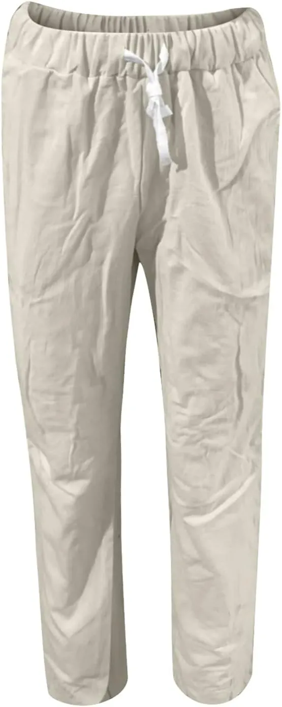 Linen Pants for Women Summer Casual Elastic Drawstring Waist Trousers Trendy Straight Leg Lounge Pants with Pocket