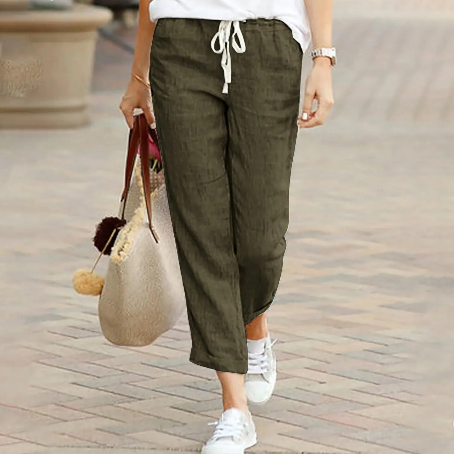 Linen Pants for Women Summer Casual Elastic Drawstring Waist Trousers Trendy Straight Leg Lounge Pants with Pocket