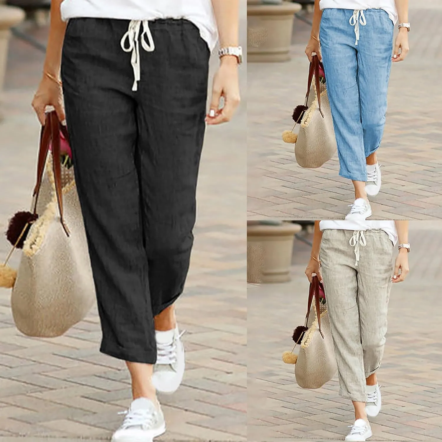 Linen Pants for Women Summer Casual Elastic Drawstring Waist Trousers Trendy Straight Leg Lounge Pants with Pocket