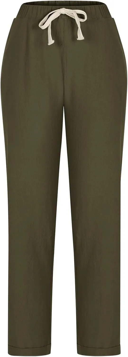 Linen Pants for Women Summer Casual Elastic Drawstring Waist Trousers Trendy Straight Leg Lounge Pants with Pocket