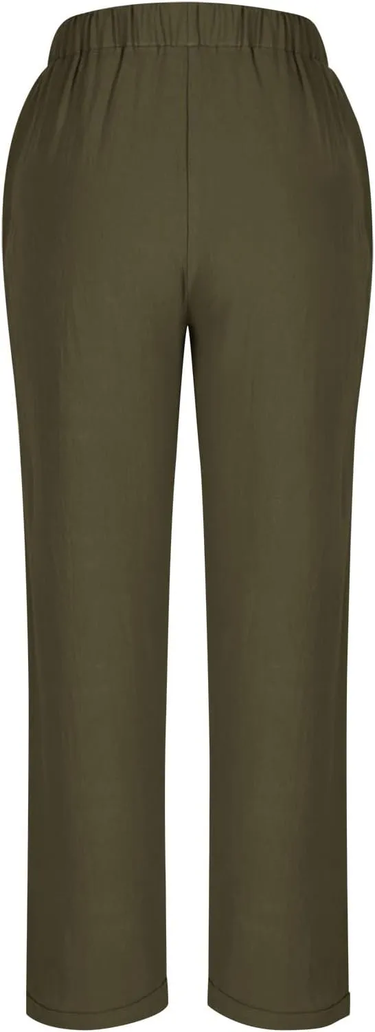 Linen Pants for Women Summer Casual Elastic Drawstring Waist Trousers Trendy Straight Leg Lounge Pants with Pocket
