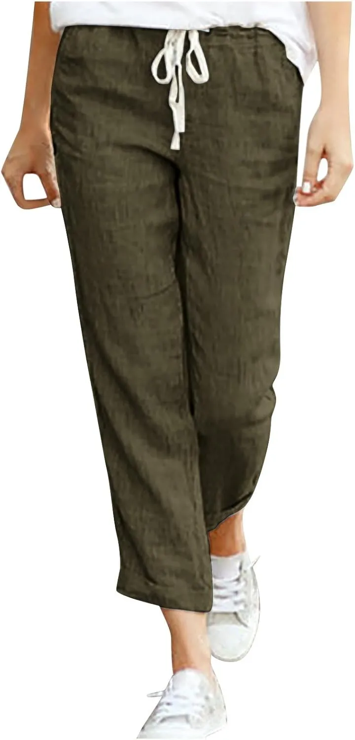 Linen Pants for Women Summer Casual Elastic Drawstring Waist Trousers Trendy Straight Leg Lounge Pants with Pocket