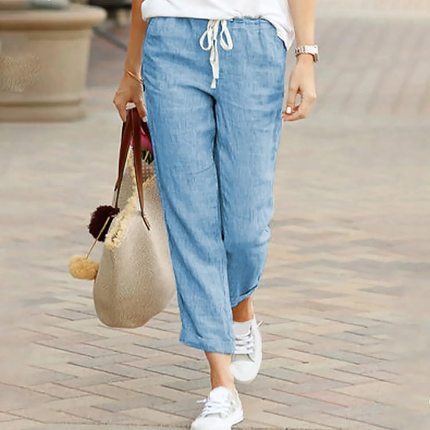 Linen Pants for Women Summer Casual Elastic Drawstring Waist Trousers Trendy Straight Leg Lounge Pants with Pocket