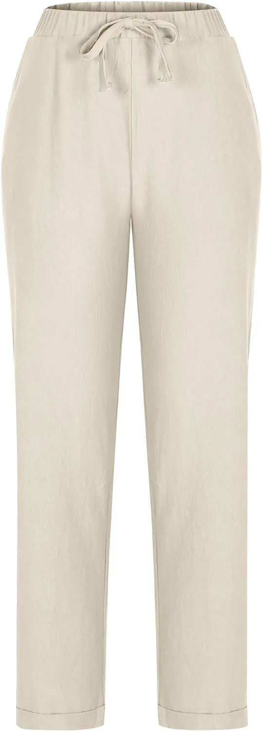Linen Pants for Women Summer Casual Elastic Drawstring Waist Trousers Trendy Straight Leg Lounge Pants with Pocket