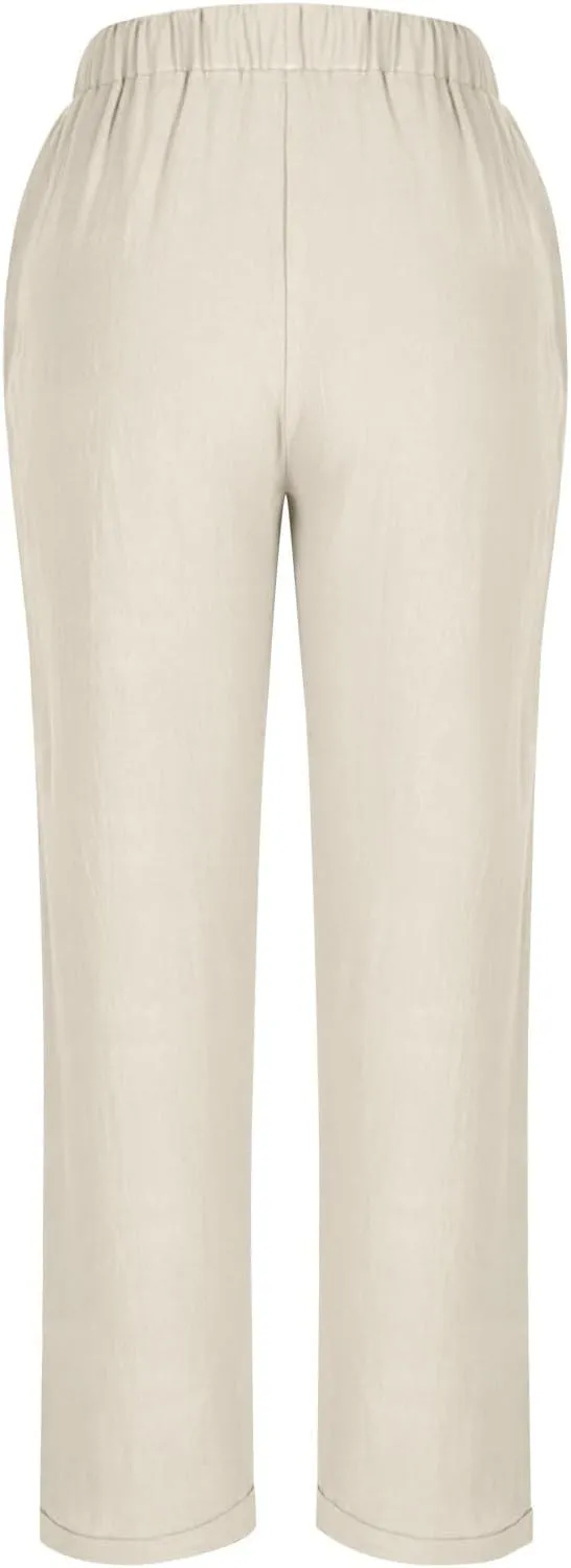 Linen Pants for Women Summer Casual Elastic Drawstring Waist Trousers Trendy Straight Leg Lounge Pants with Pocket