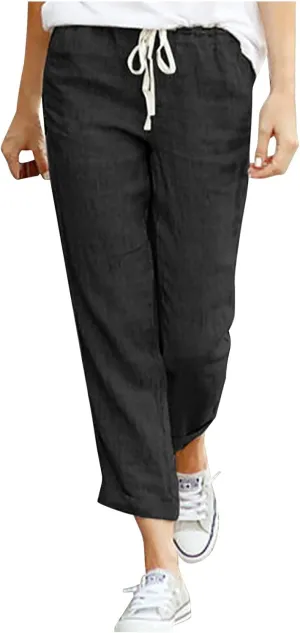 Linen Pants for Women Summer Casual Elastic Drawstring Waist Trousers Trendy Straight Leg Lounge Pants with Pocket
