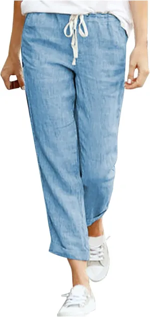 Linen Pants for Women Summer Casual Elastic Drawstring Waist Trousers Trendy Straight Leg Lounge Pants with Pocket