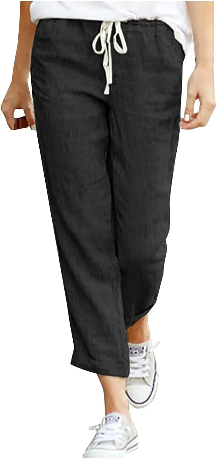 Linen Pants for Women Summer Casual Elastic Drawstring Waist Trousers Trendy Straight Leg Lounge Pants with Pocket