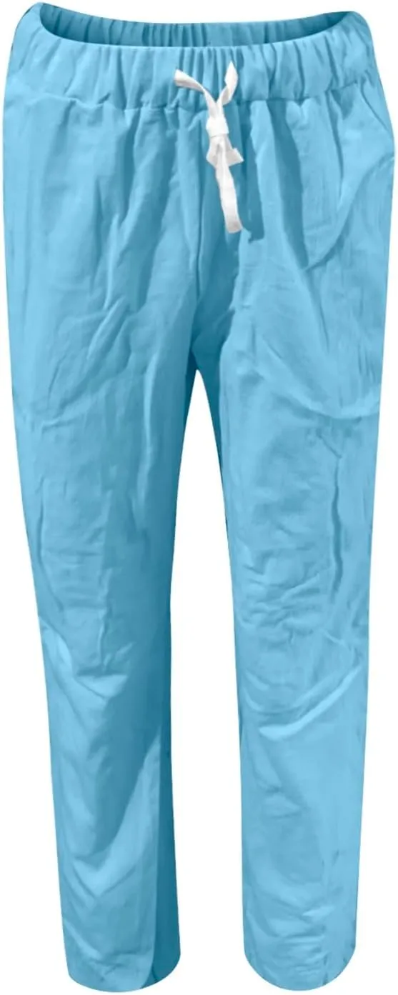 Linen Pants for Women Summer Casual Elastic Drawstring Waist Trousers Trendy Straight Leg Lounge Pants with Pocket