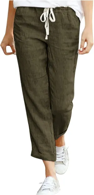 Linen Pants for Women Summer Casual Elastic Drawstring Waist Trousers Trendy Straight Leg Lounge Pants with Pocket