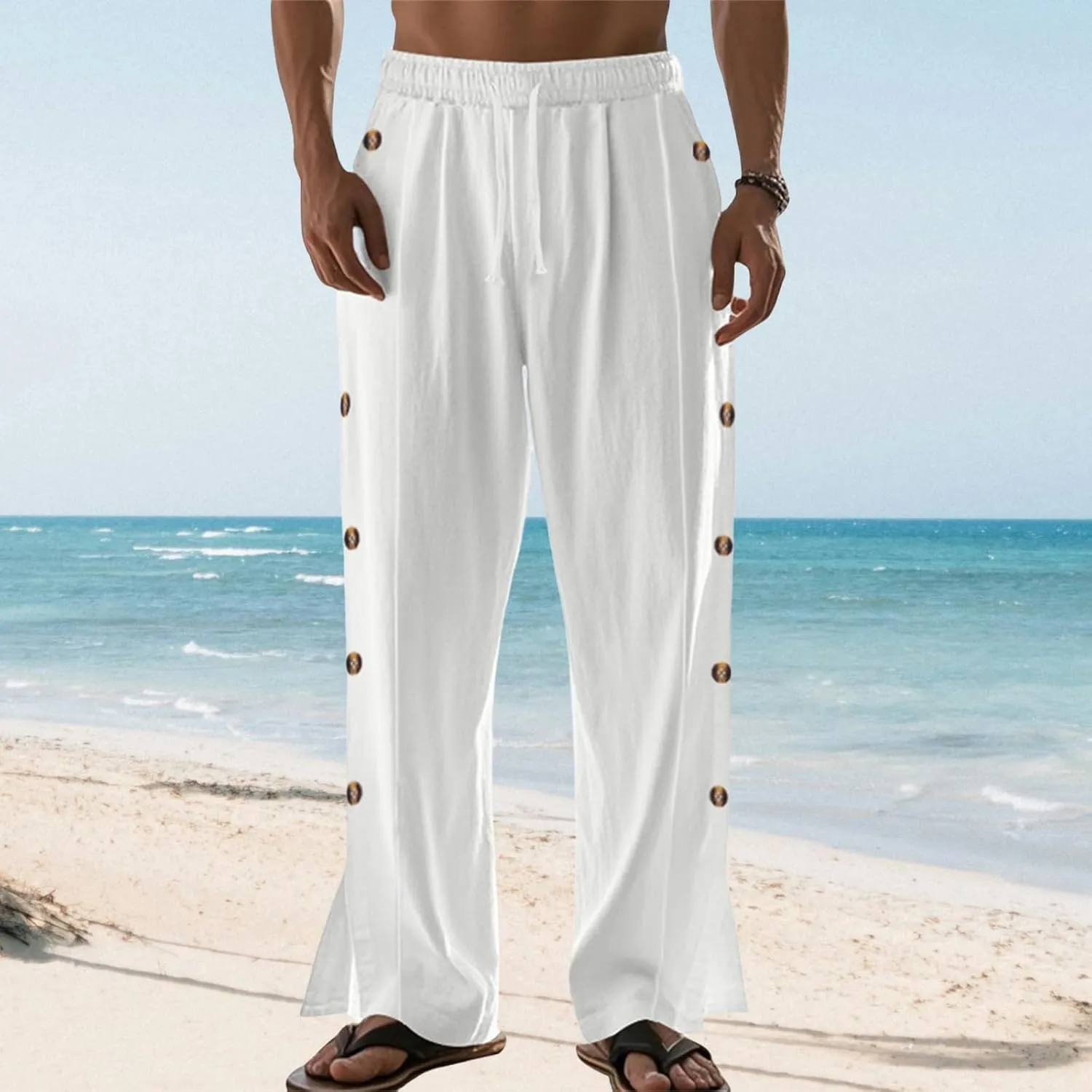 Linen Pants Men Side Button Elastic Waist Trendy Pants Summer Yoga Beach Pants Straight Leg Drawstring Baggy Trousers