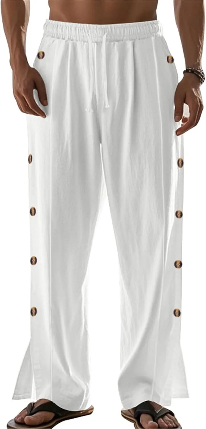 Linen Pants Men Side Button Elastic Waist Trendy Pants Summer Yoga Beach Pants Straight Leg Drawstring Baggy Trousers