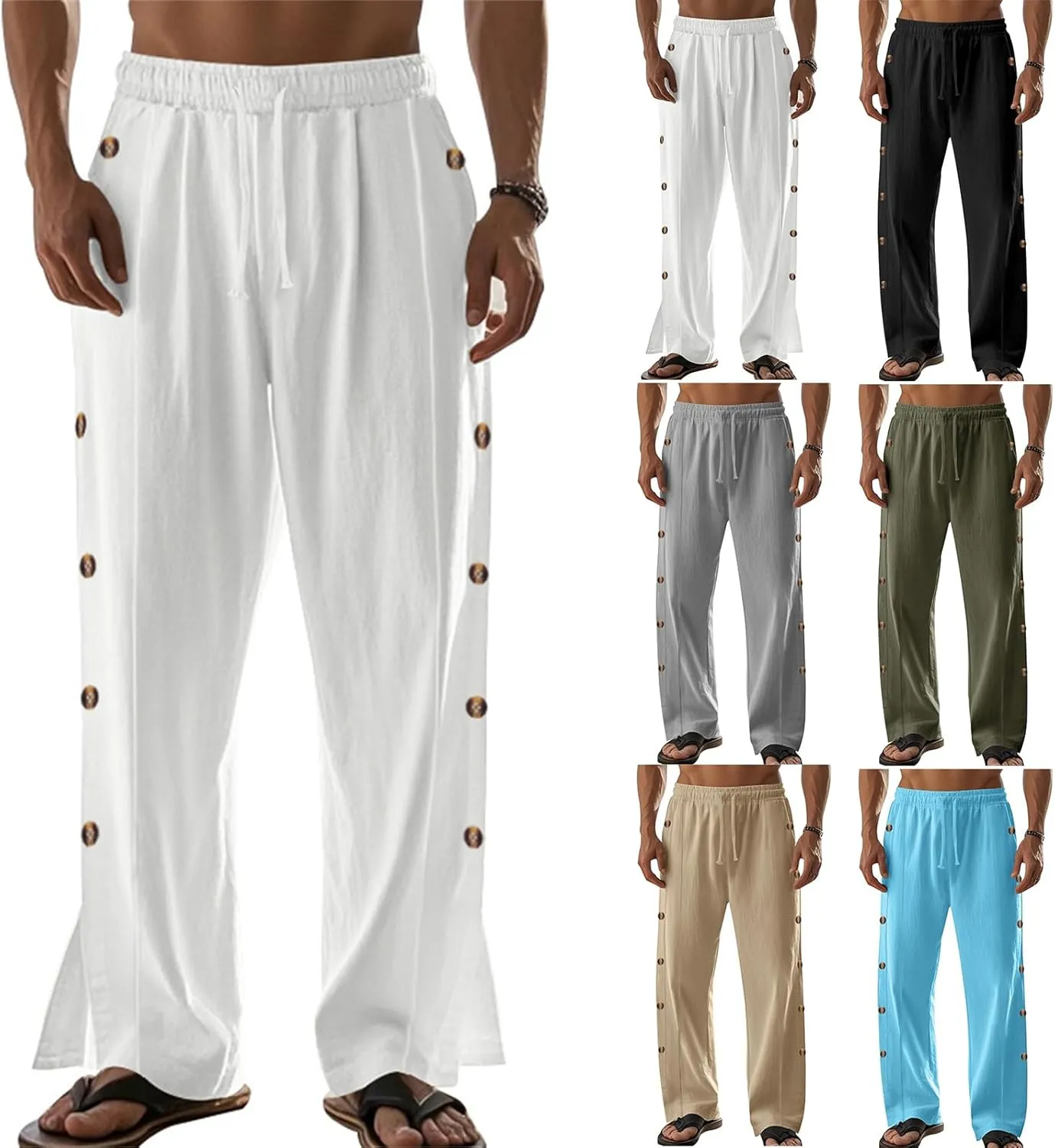 Linen Pants Men Side Button Elastic Waist Trendy Pants Summer Yoga Beach Pants Straight Leg Drawstring Baggy Trousers