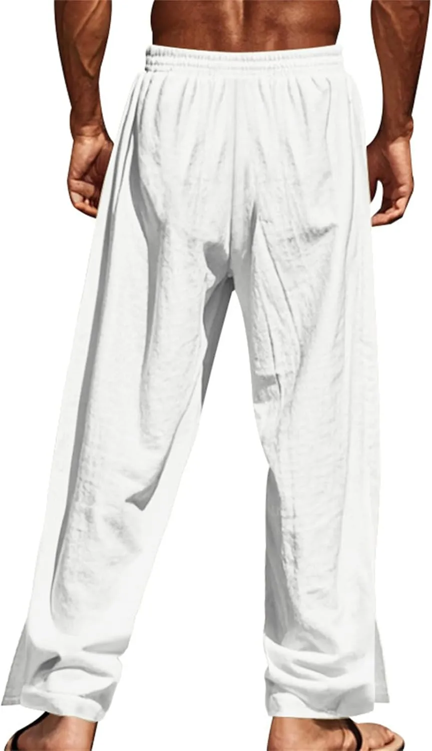 Linen Pants Men Side Button Elastic Waist Trendy Pants Summer Yoga Beach Pants Straight Leg Drawstring Baggy Trousers