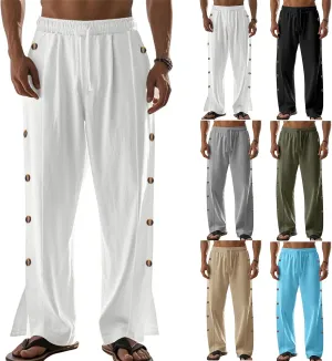 Linen Pants Men Side Button Elastic Waist Trendy Pants Summer Yoga Beach Pants Straight Leg Drawstring Baggy Trousers