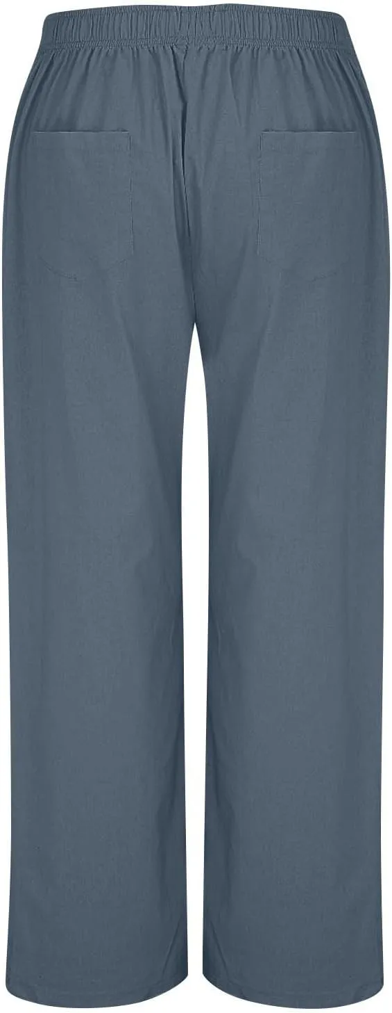 Linen Pants Women Casual Button Elastic Waist Straight Leg Wide Leg Pants Summer Lounge Loose Work Pants with Pockets